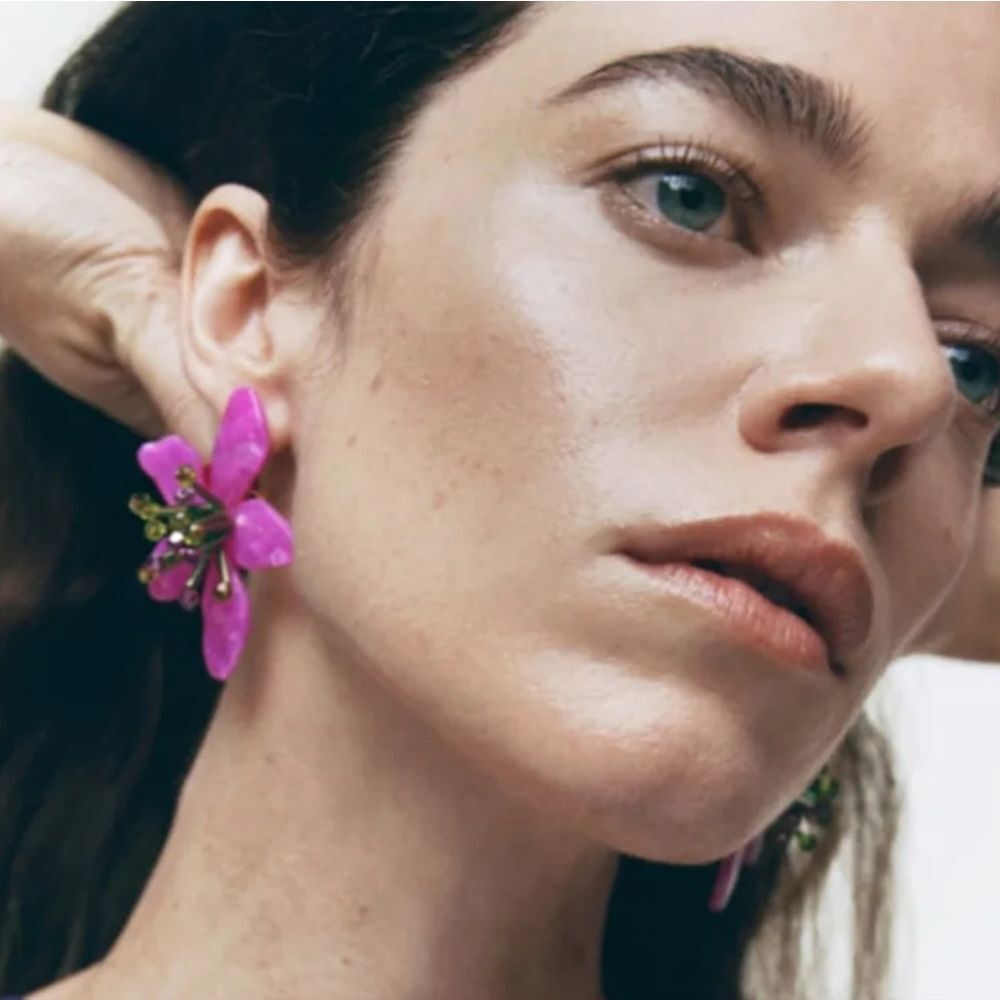 New! ZARA tropical pinkish purple flower  earrings asi for love and lemons 1040
